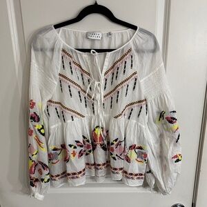 Tanya Taylor White Blouse with Colorful Embroidery